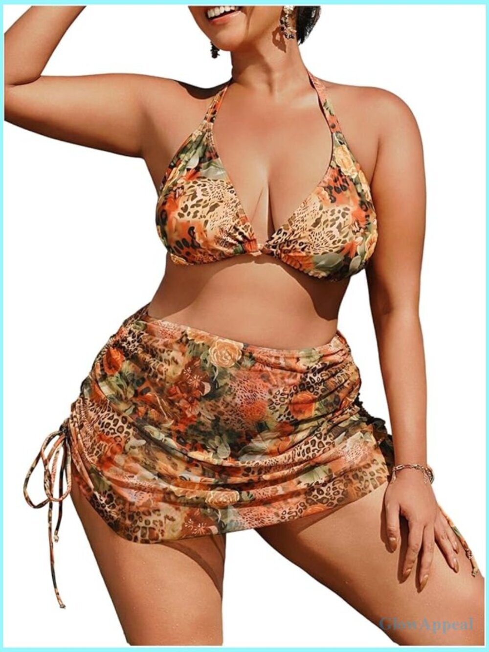 Plus Size 3 Piece Bikini Set with Cover Up Skirt Halter Triangle High Waist